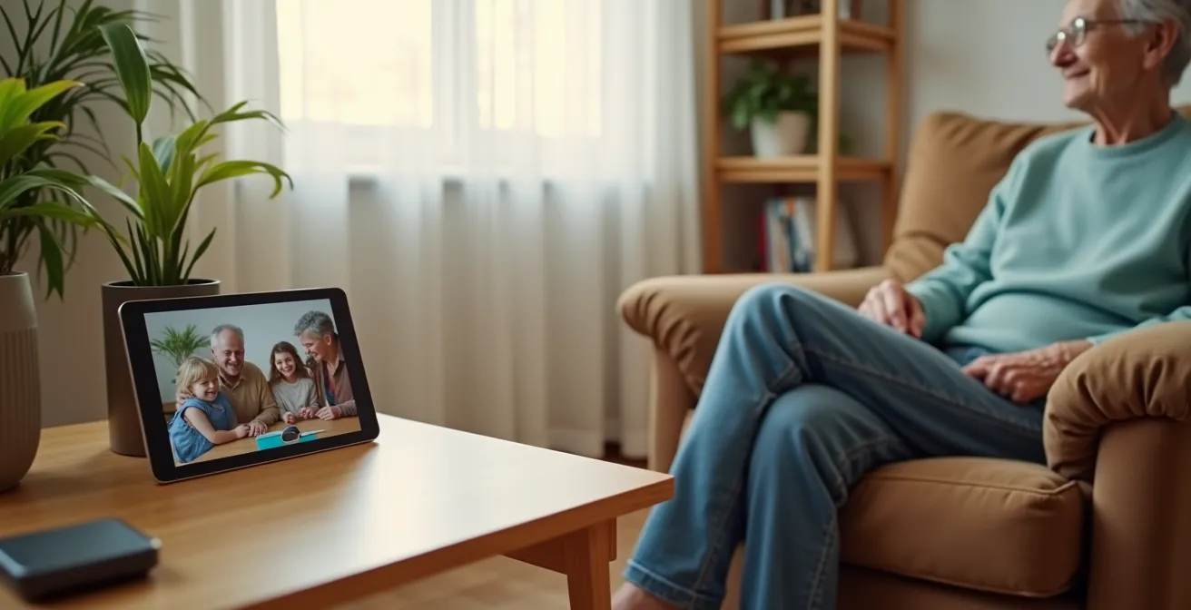 Personne âgée assise confortablement avec tablette et assistant vocal sur table basse