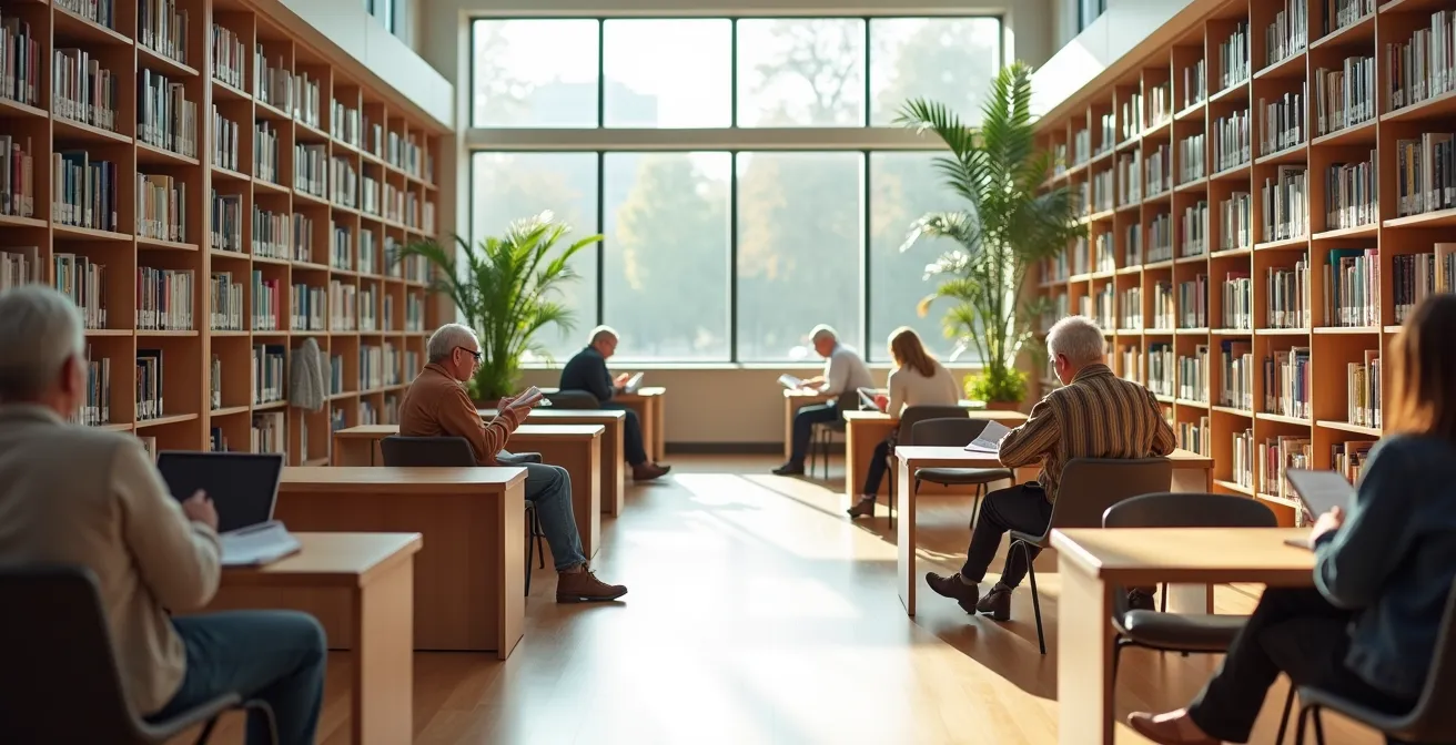 Vue d'ensemble d'un espace bibliothèque avec des seniors en activité de lecture dans une ambiance chaleureuse