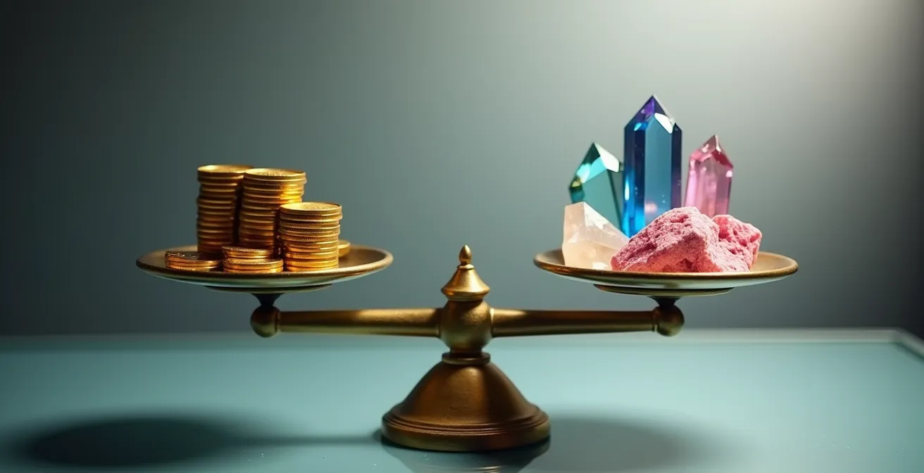 Balance équilibrée représentant la stratégie barbell, avec la sécurité des fonds euros d'un côté et le potentiel de croissance des unités de compte de l'autre.
