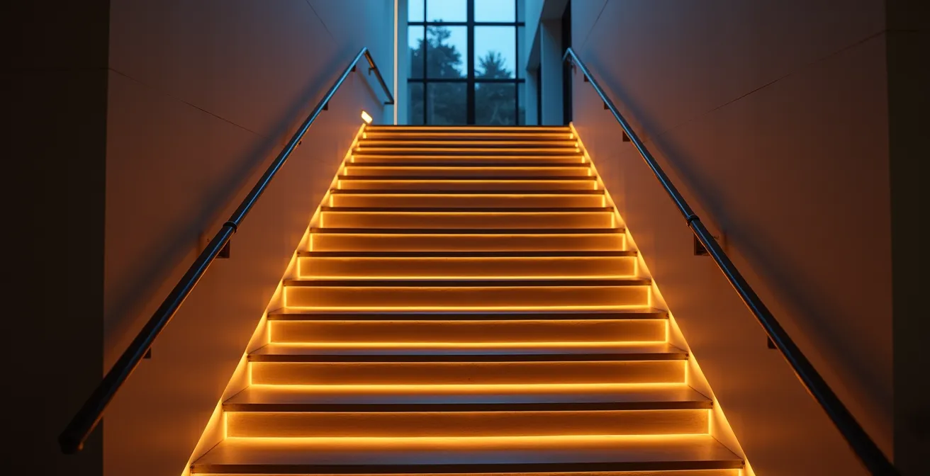 Vue en perspective d'un escalier équipé d'un système d'éclairage intelligent avec capteurs