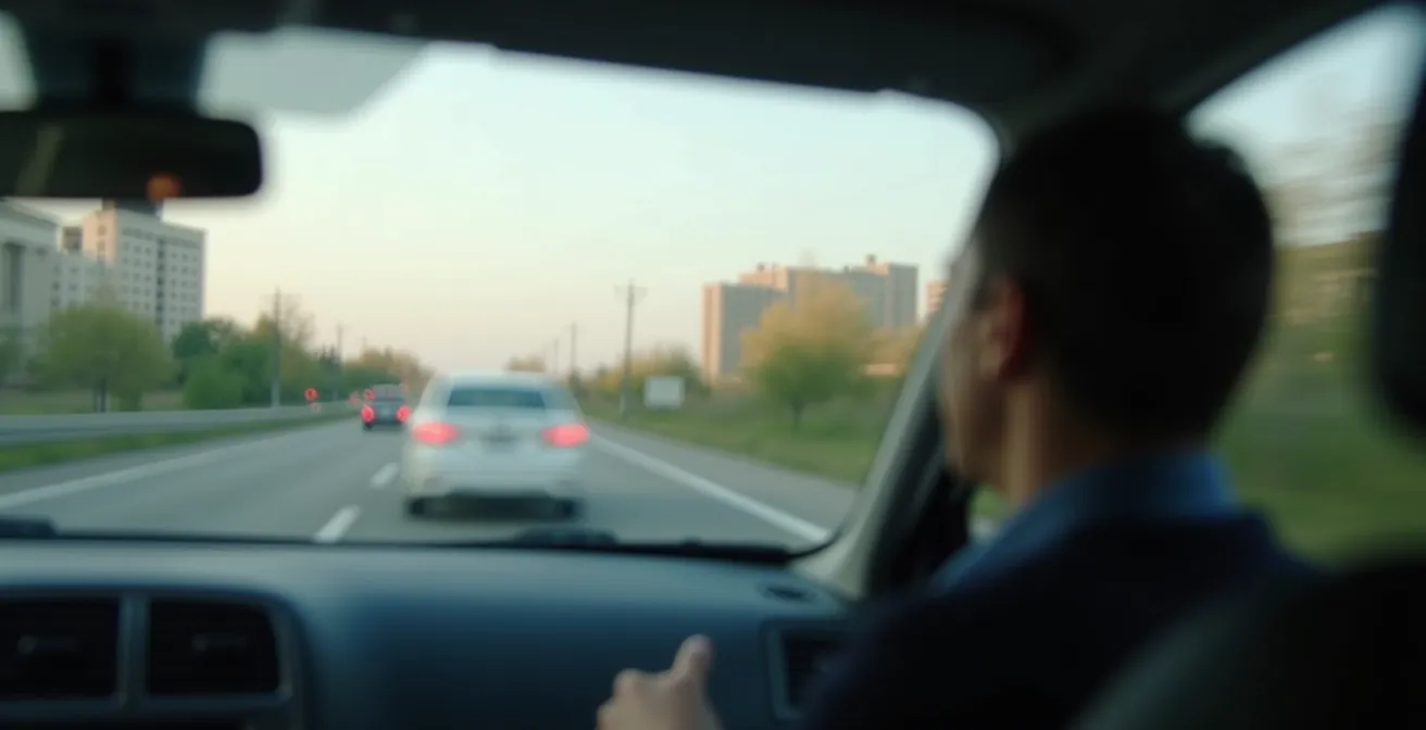 Vue depuis l'intérieur d'une voiture montrant le paysage défilant avec reflet d'un visage contemplatif