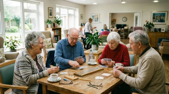 Plusieurs personnes âgées participent à une activité de groupe dans un espace lumineux, échangeant des sourires autour d'une table de jeu