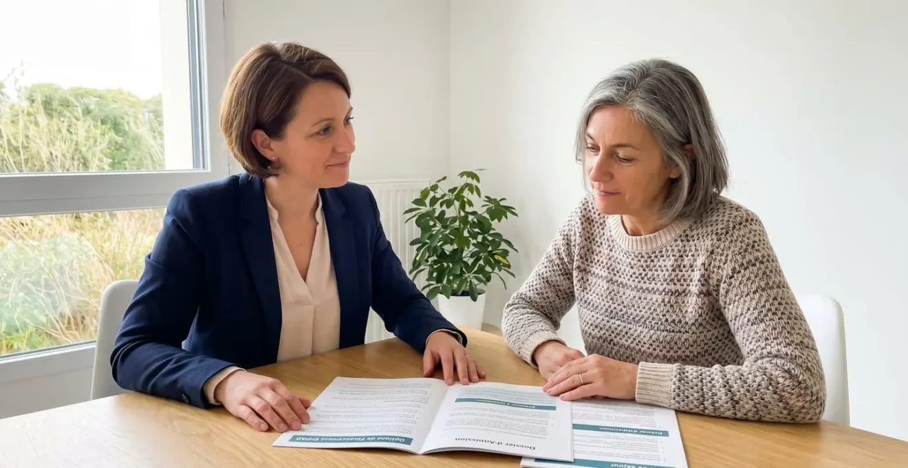 Une conseillère spécialisée accompagne une femme adulte dans le choix d'un EHPAD, assises à une table dans un bureau lumineux avec documents de comparaison.