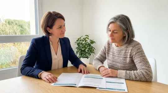 Une conseillère spécialisée accompagne une femme adulte dans le choix d'un EHPAD, assises à une table dans un bureau lumineux avec documents de comparaison.