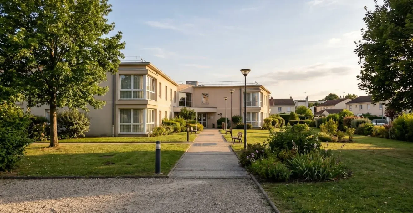 Façade extérieure d'un EHPAD moderne en Île-de-France, entouré d'un jardin arboré avec pelouse et allée accessible, sous une lumière de fin d'après-midi.