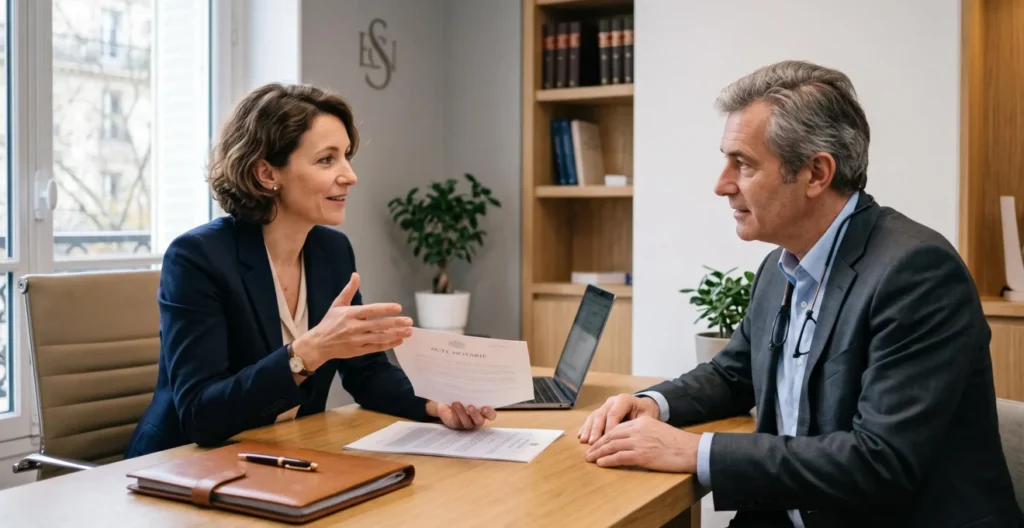 Notaire et client en consultation professionnelle dans un bureau contemporain français discutant de questions patrimoniales Notaire et client en consultation professionnelle dans un bureau contemporain français discutant de questions patrimoniales