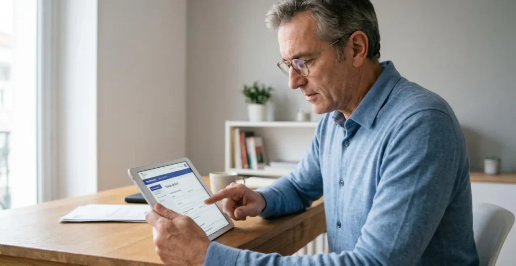 Homme d'âge mûr utilisant une tablette pour effectuer une démarche administrative en ligne depuis son bureau à domicile Homme d'âge mûr utilisant une tablette pour effectuer une démarche administrative en ligne depuis son bureau à domicile