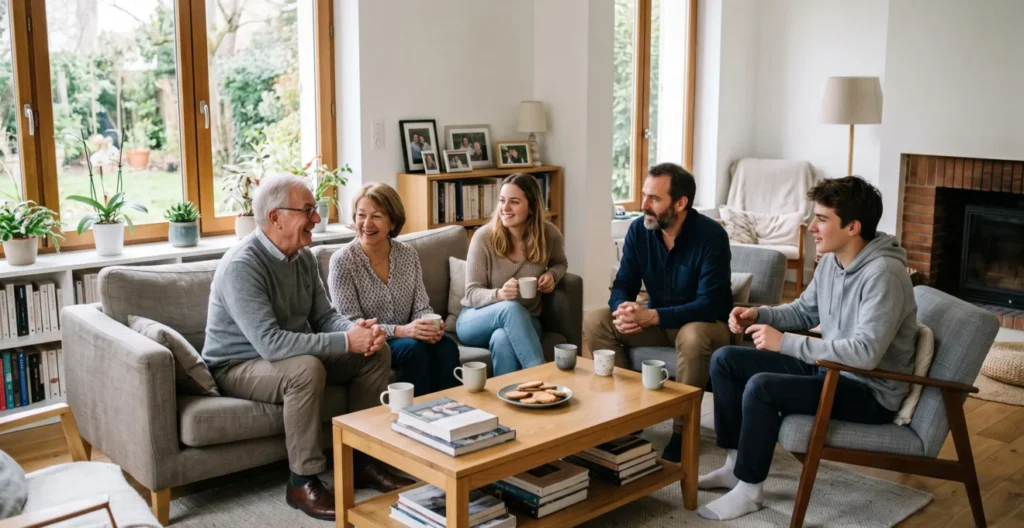 Famille française multigénérationnelle réunie dans un salon contemporain avec grands-parents, enfants adultes et petits-enfants Famille française multigénérationnelle réunie dans un salon contemporain avec grands-parents, enfants adultes et petits-enfants