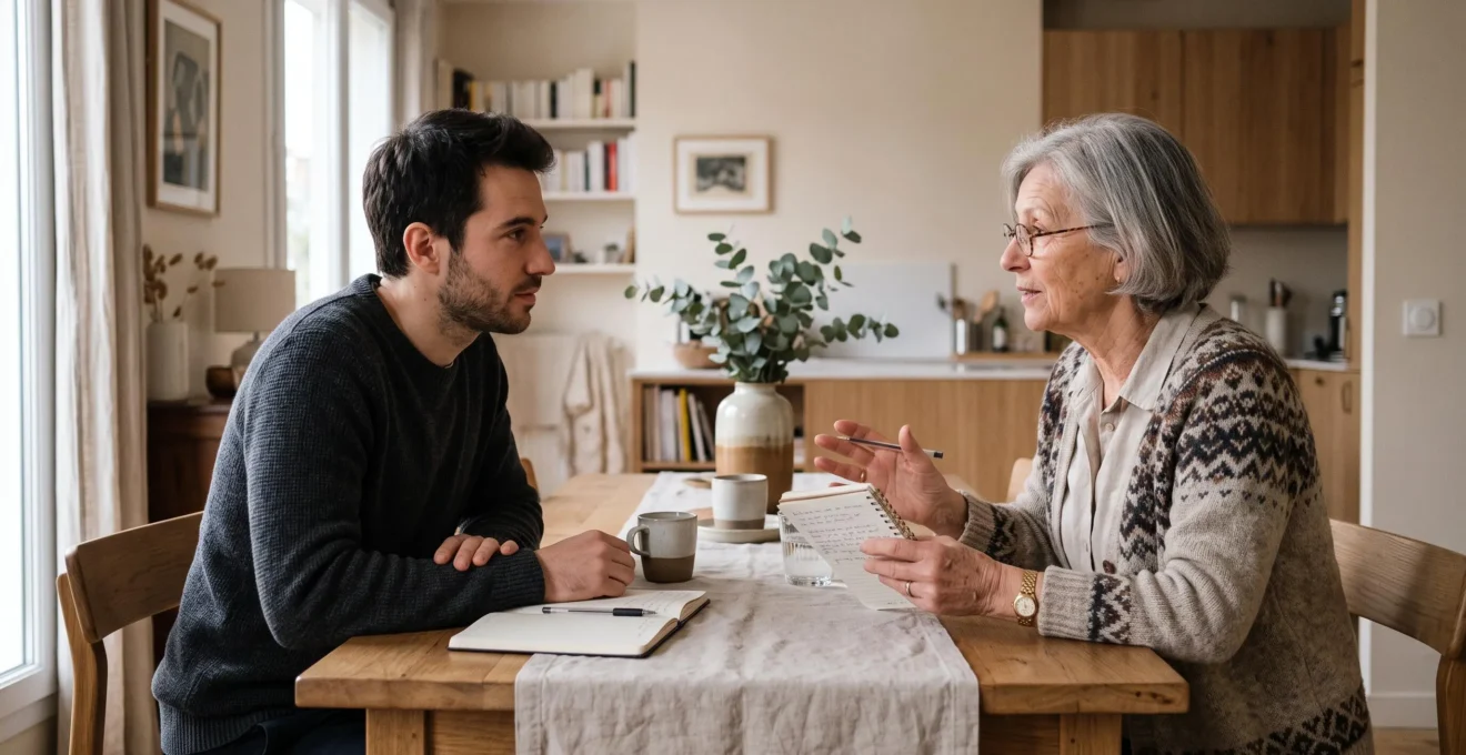 Grand-mère et petit-fils adulte en conversation autour d'une table dans un intérieur domestique français contemporain