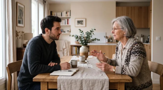 Grand-mère et petit-fils adulte en conversation autour d'une table dans un intérieur domestique français contemporain
